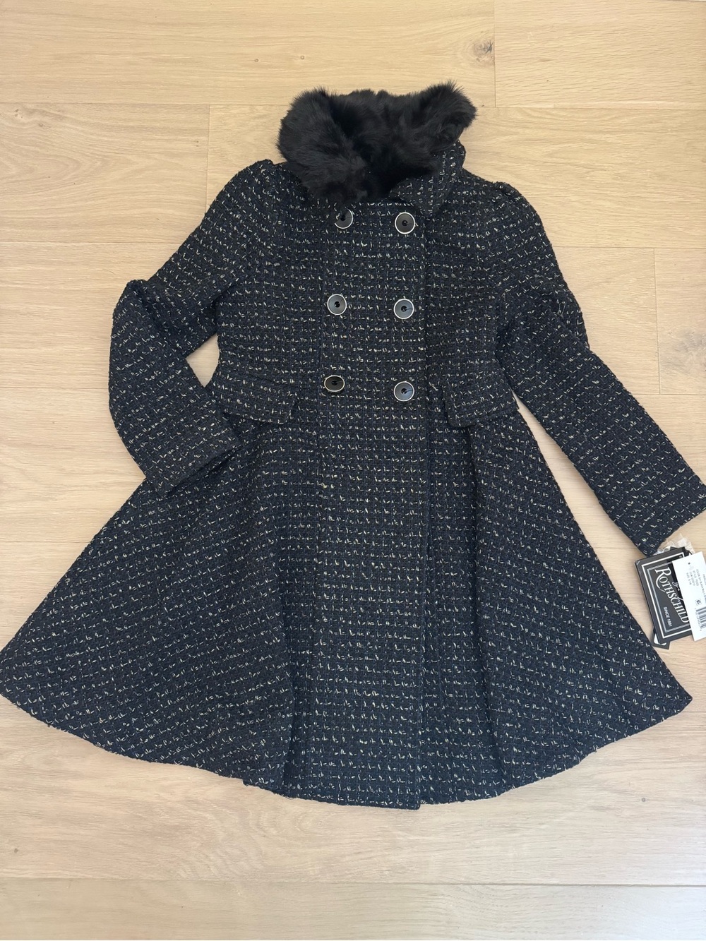 Rothschild Black Tweed Double-Breasted Pea Coat with Faux Fur Collar